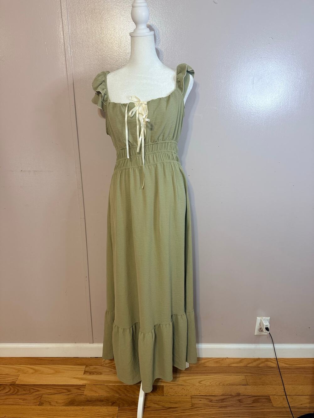 Pie in the Sky olive/sage green floral cottage core smocked midi dress size L